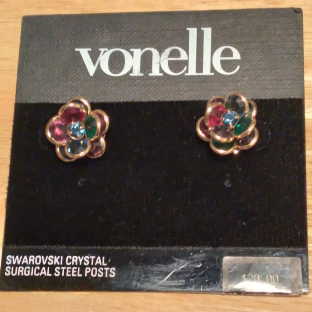 Vintage 1980's Vonelle Swarovski Crystal Earrings Multicolored Flower NOS